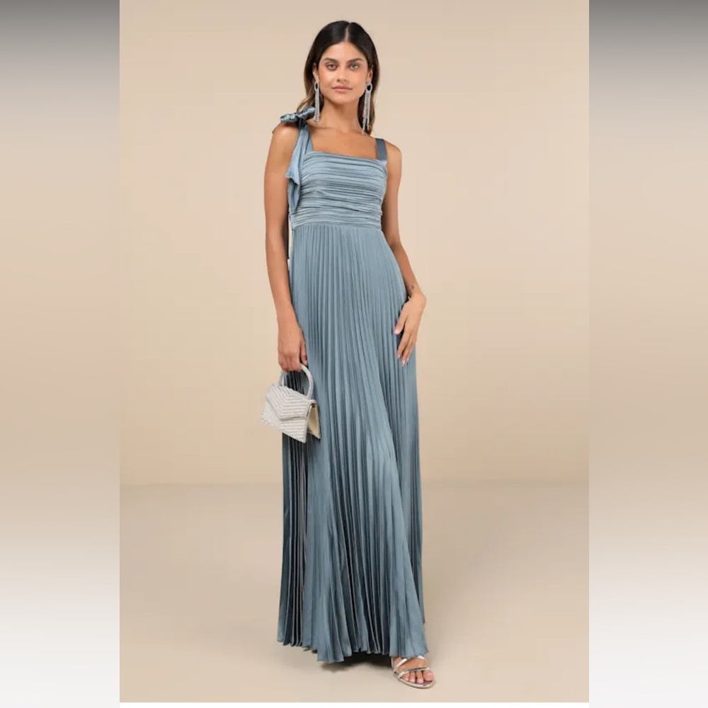 Lulu's Slate Blue Pleated Maxi Gown